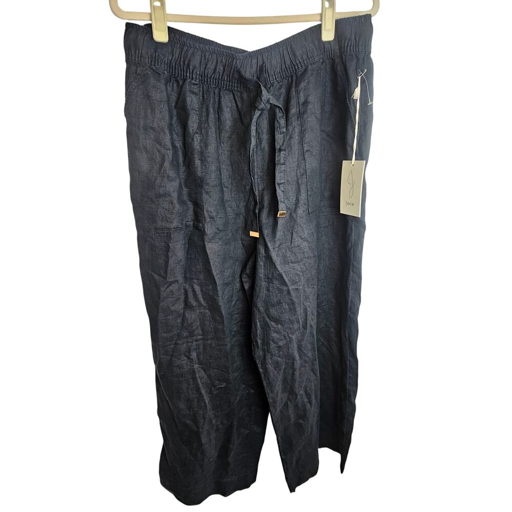 Joie. Linen-Blend Elastic Waist Black Wide-Leg Pants
